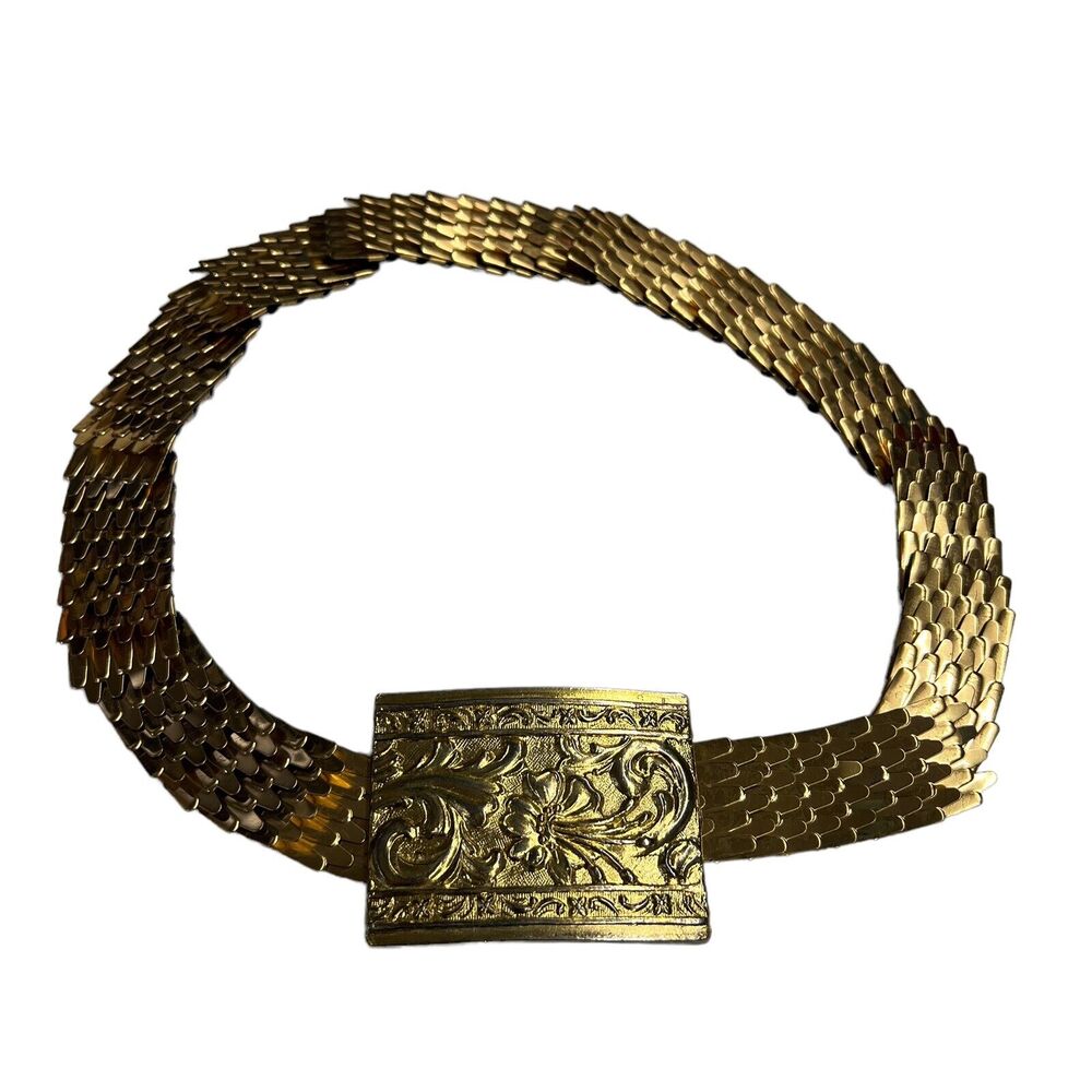 Vintage Fish Scale Gold Tone Metal Belt Gold Floral Buckle Stretch Women's‎ OS
